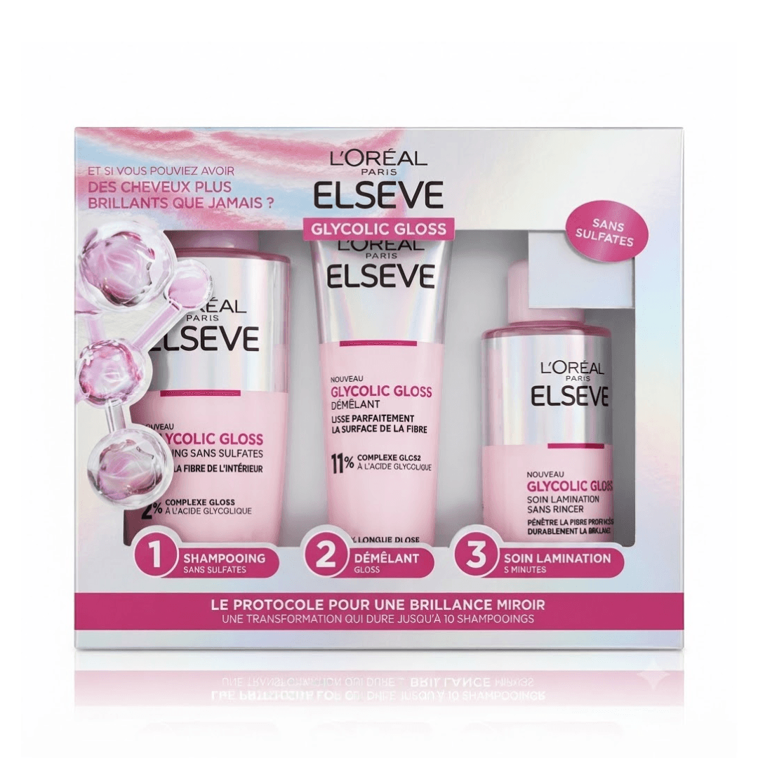 L’Oréal Paris Elseve – Coffret Protocole Glycolic Gloss Brillance Shampooing + Démêlant + Soin Lamination